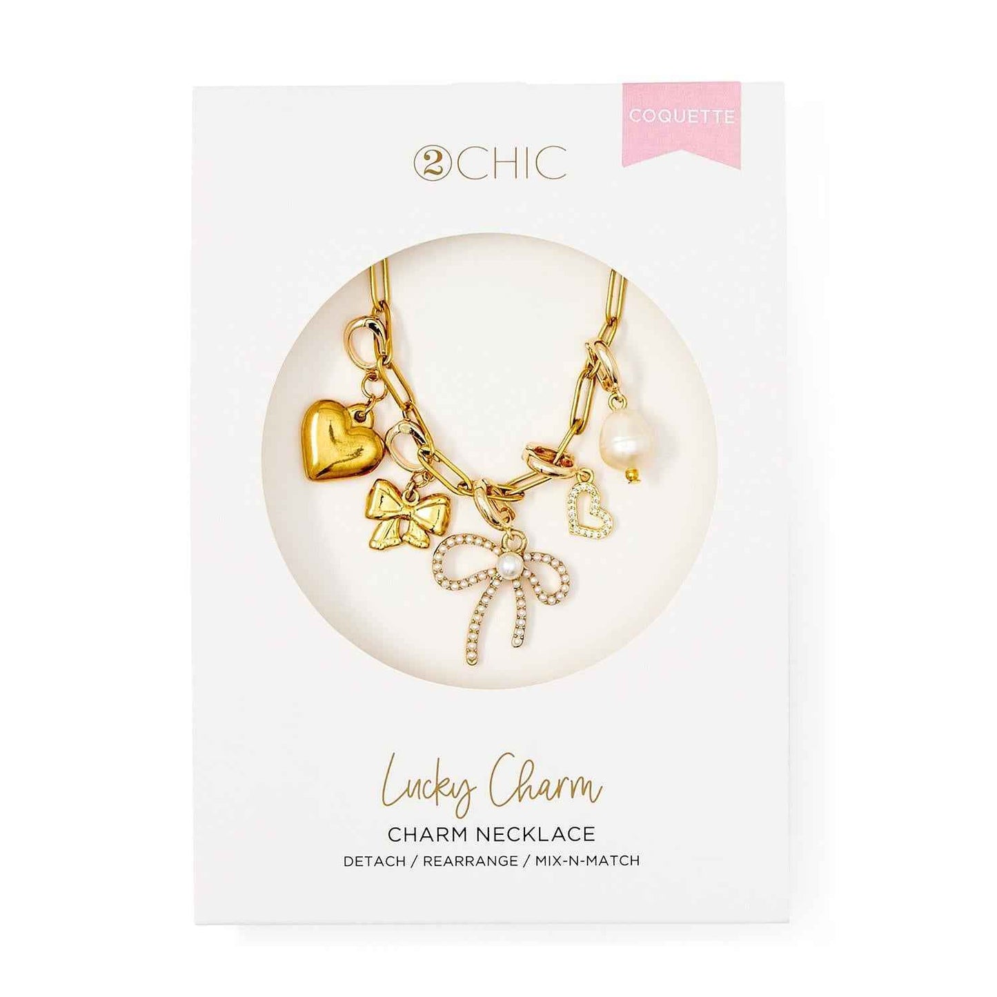 Lucky Charm Coquette Gold Plated Paper Clip Chain with 5 Detachable Charms - Metal/Stone