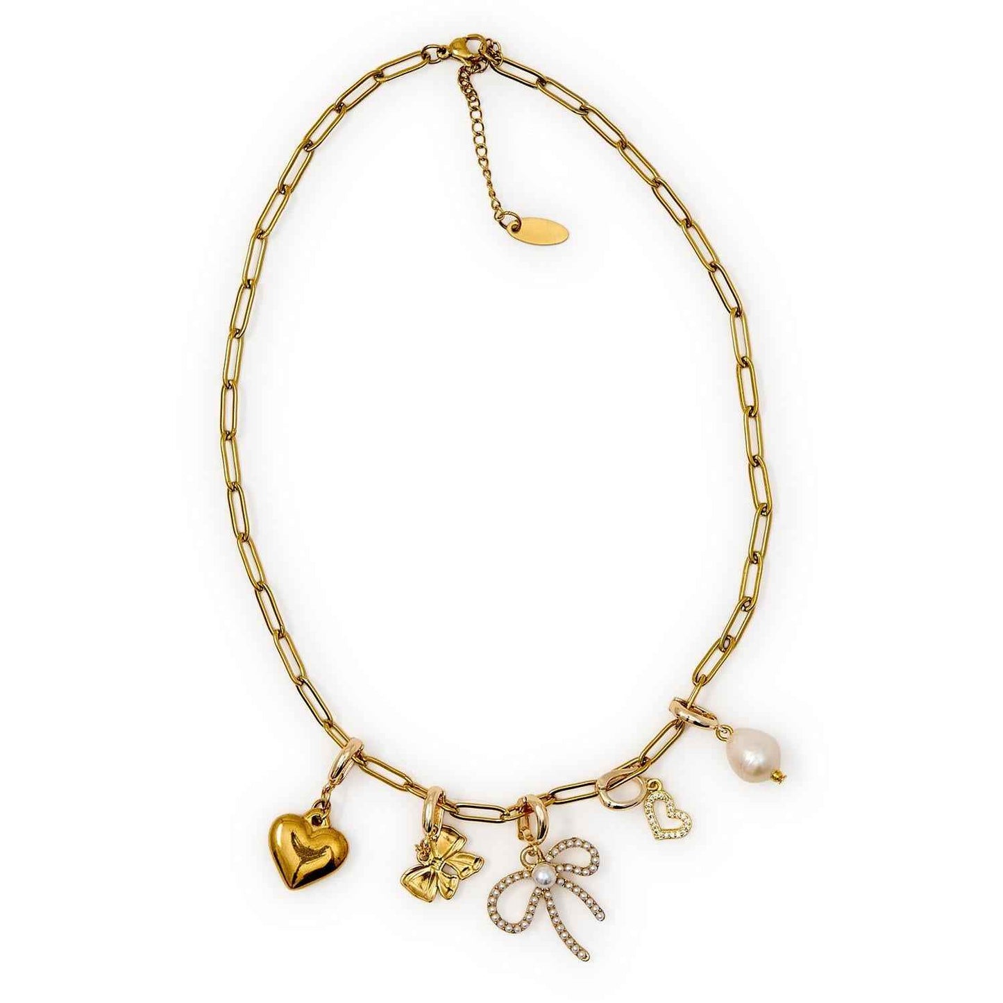 Lucky Charm Coquette Gold Plated Paper Clip Chain with 5 Detachable Charms - Metal/Stone