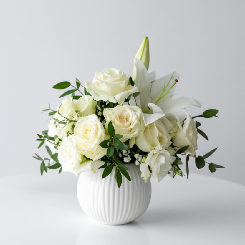 Two white vases with floral arrangements on a light gray background