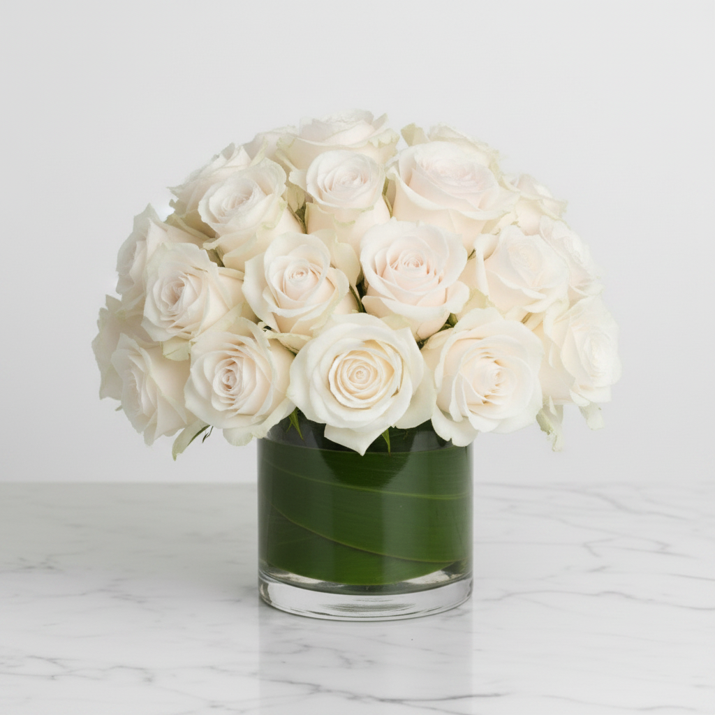 ~25 White Garden Roses - Cylinder Vase
