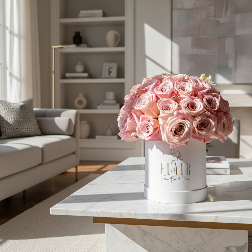 White box with pink roses and FLAIR branding in a modern home