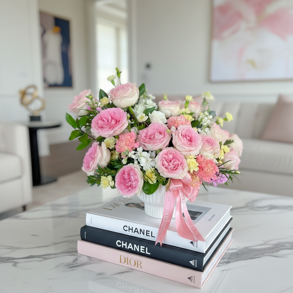 Bouquet of pink flowers with a pink ribbon on Chanel books in a living room setting
