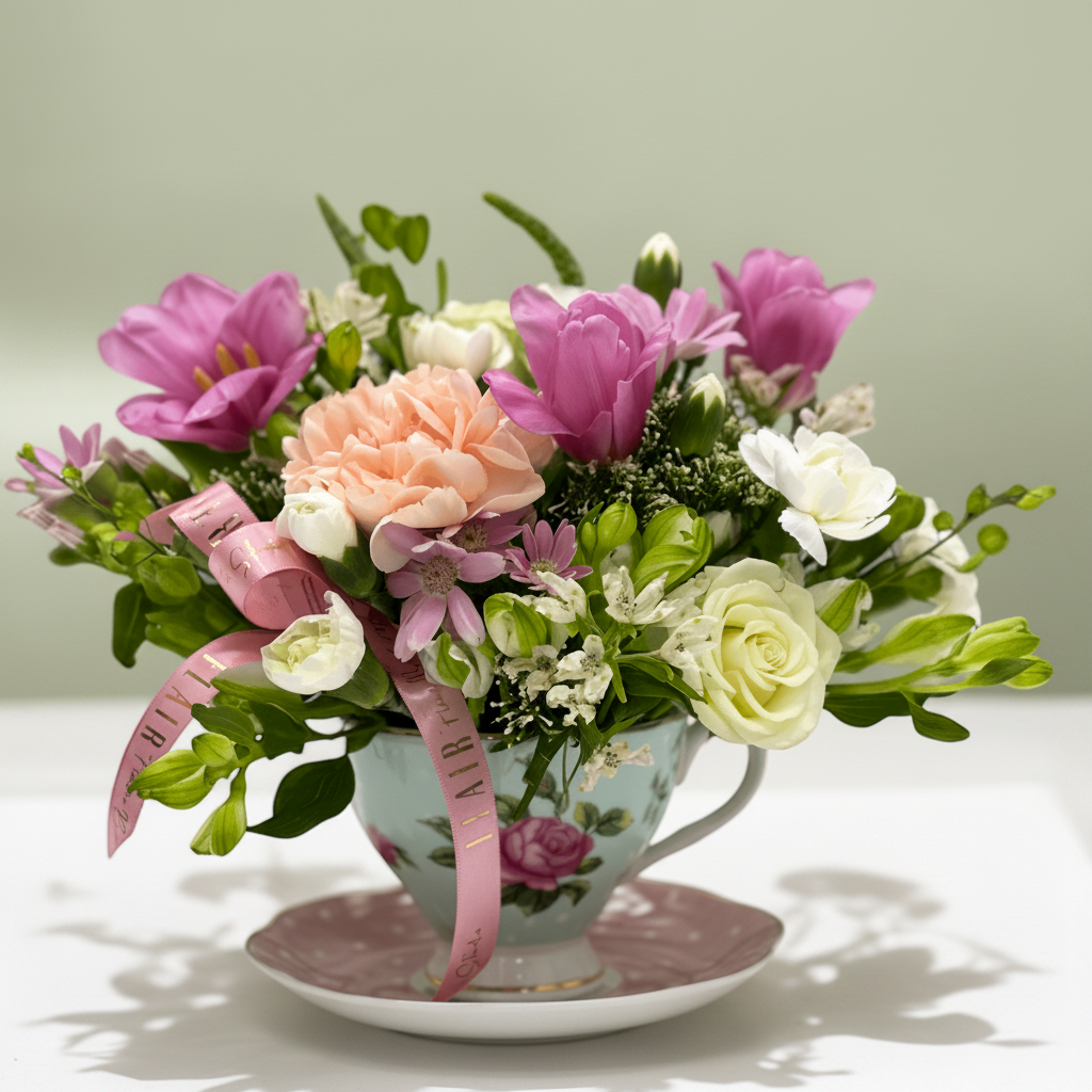 Tea Time in Bloom – Designer’s Choice Teacup Arrangement