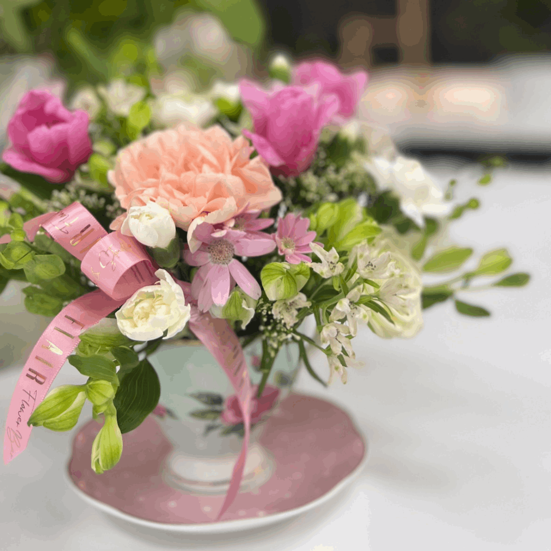 Tea Time in Bloom – Designer’s Choice Teacup Arrangement