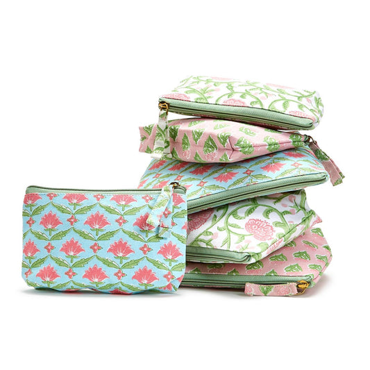 Floral Printed Makeup Pouch Set in Pink Blue and White