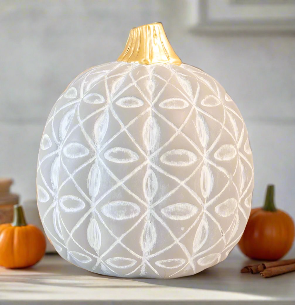 7" Tall Gray Diamond Flower Pumpkin with Gold Stem Fall Autumn Décor - Flair Flower Bar & Studio
