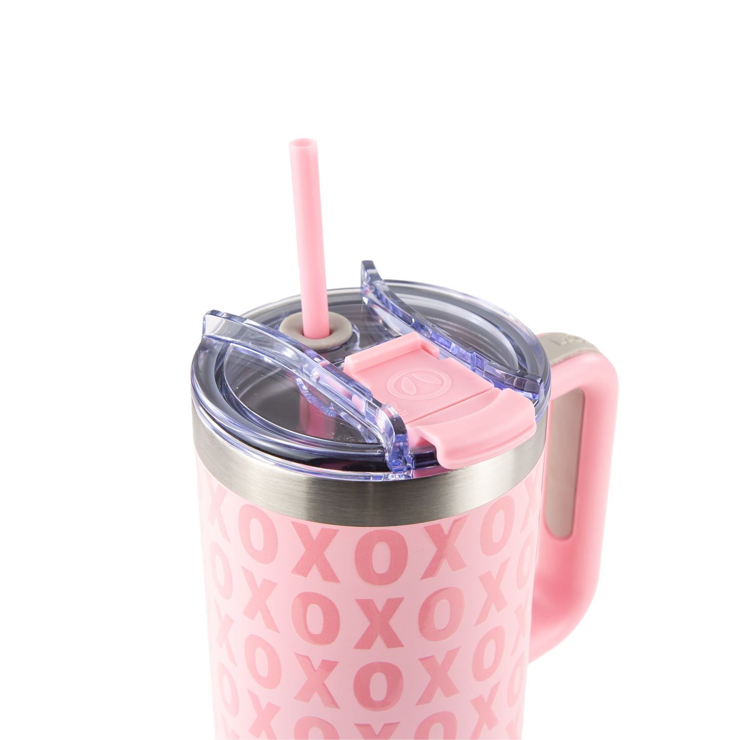 Pink tumbler with 'XOXO' pattern, handle, and straw on a white background