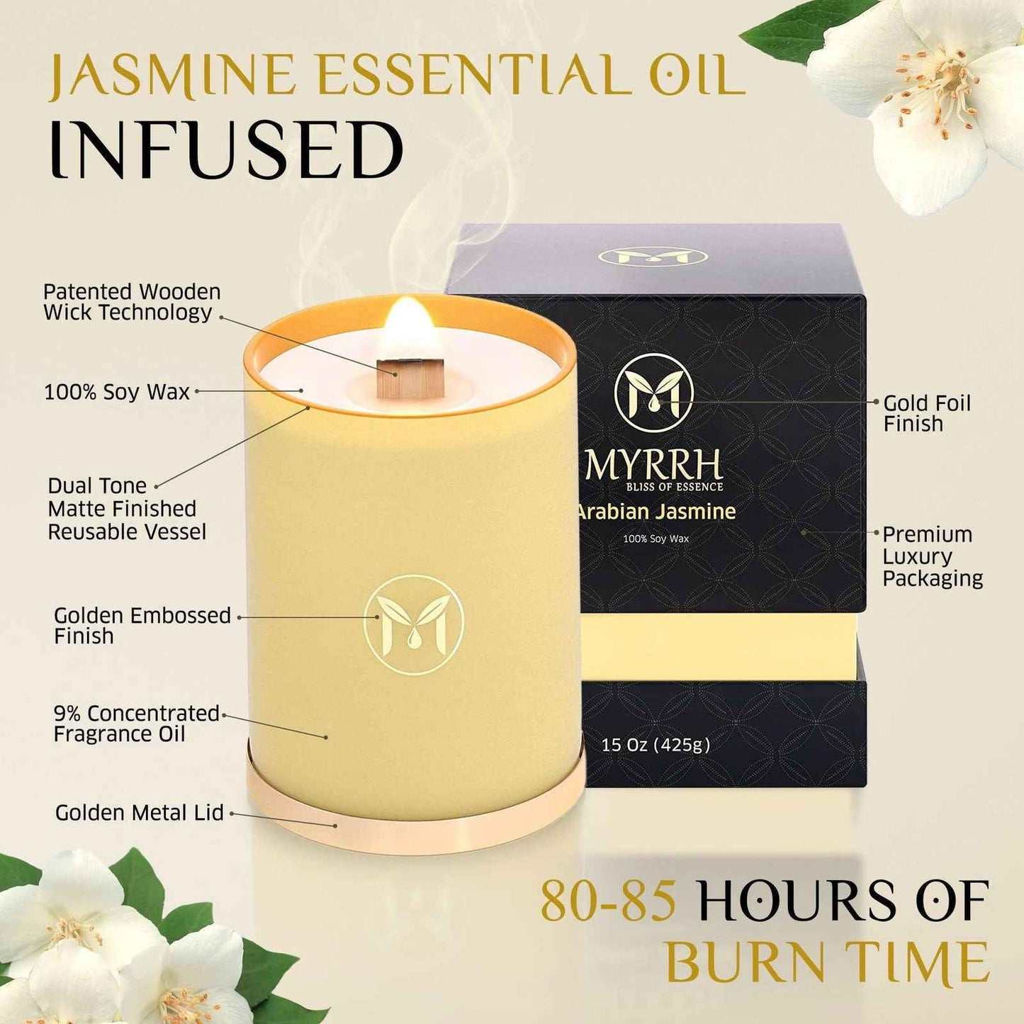 Arabian Jasmine 100% Soy Wax Crackling Wood Wick Candle