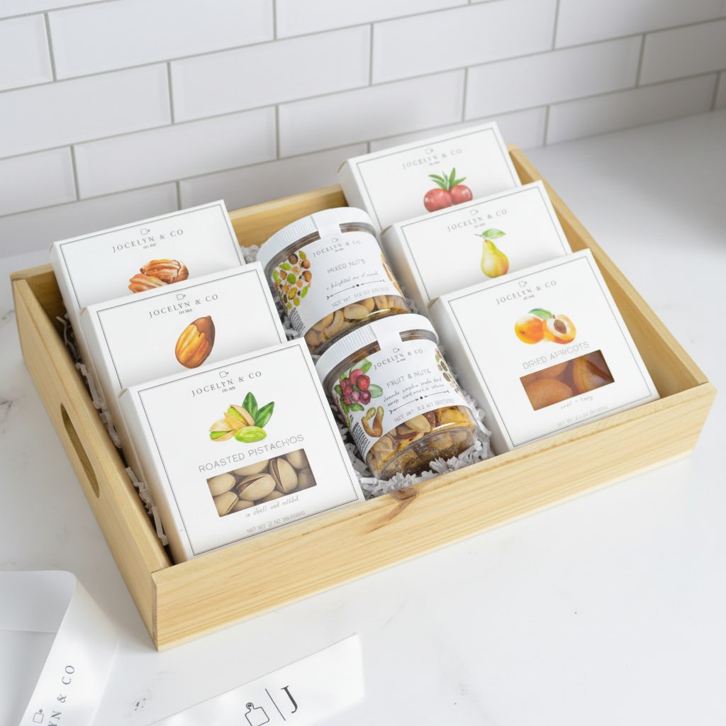 Fruit & Nut Gift basket box with assorted snacks and a mug on a white surface.