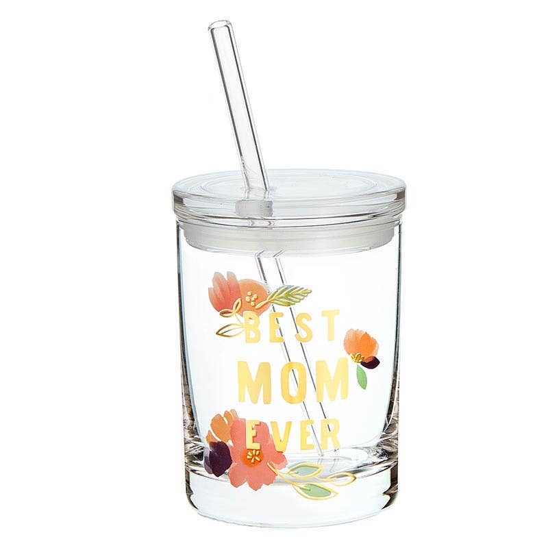 BEST MOM Glass Floral Tumbler with Lid & Straw - Flair Flower Bar & Studio