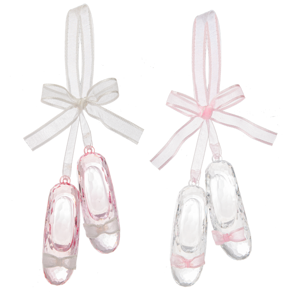 Two pairs of glass slipper ornaments with ribbons on a white background