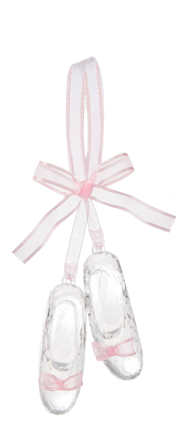 Clear ballet shoes with pink ribbons on a white background