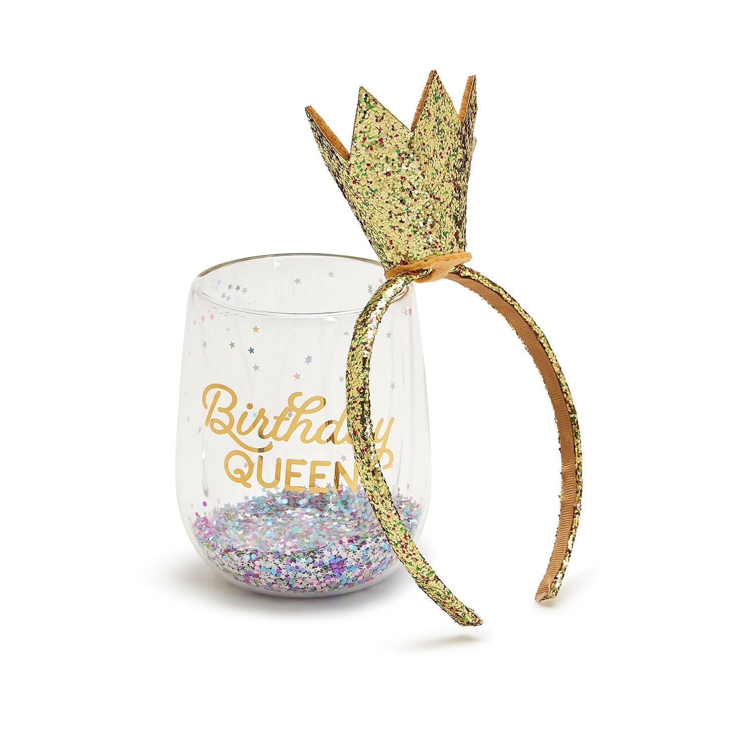 Birthday Queen Stemless Wine Glass and Glitter Crown Headband - Flair Flower Bar & Studio