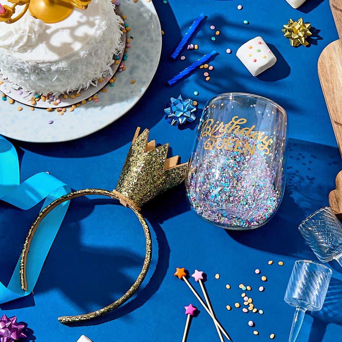 Birthday Queen Stemless Wine Glass and Glitter Crown Headband - Flair Flower Bar & Studio