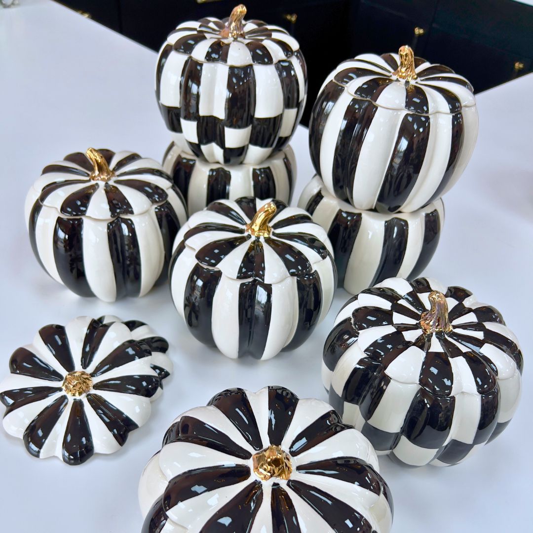 Black and White Stripe or Checkered Ceramic Pumpkin with Lid - Flair Flower Bar & Studio