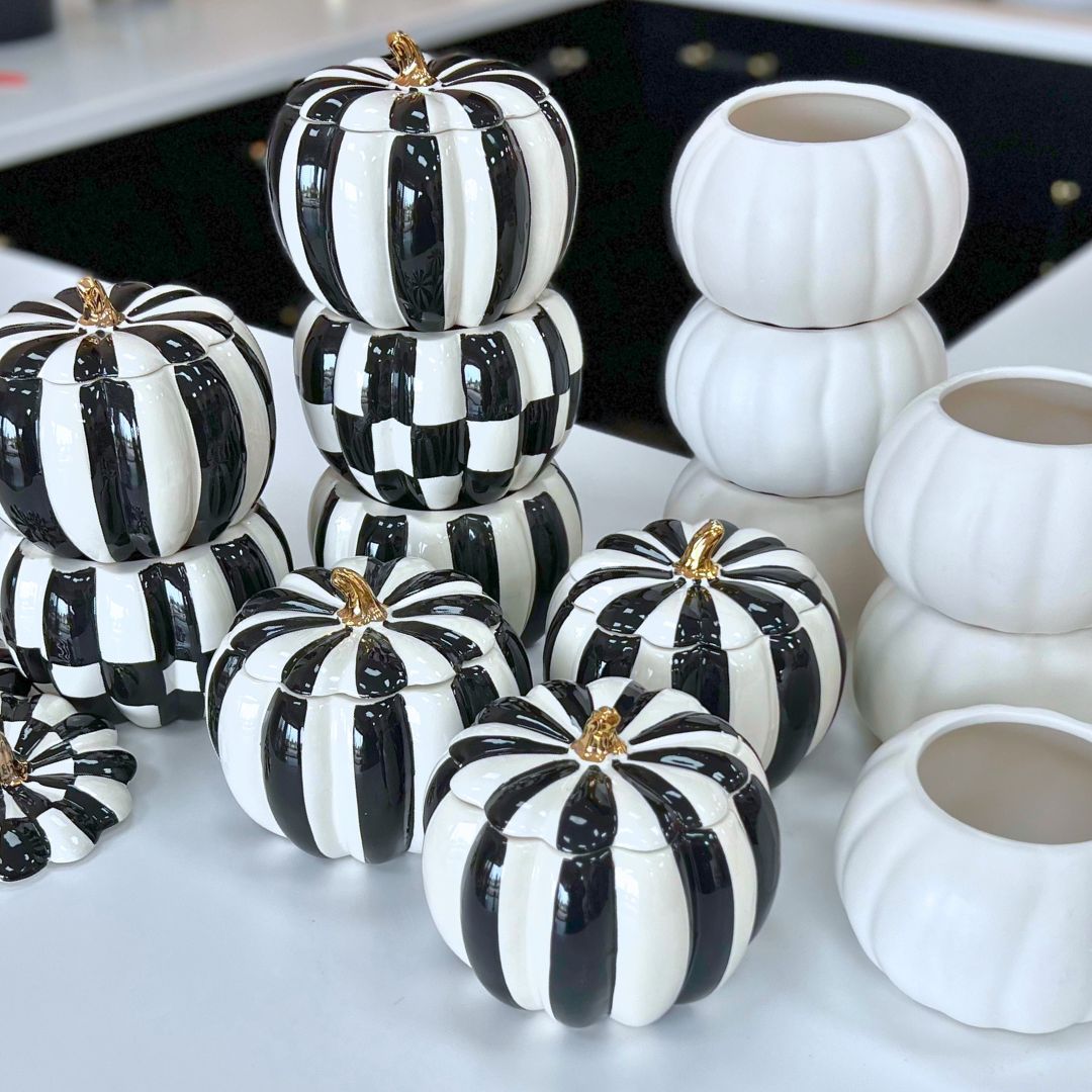 Black and White Stripe or Checkered Ceramic Pumpkin with Lid - Flair Flower Bar & Studio