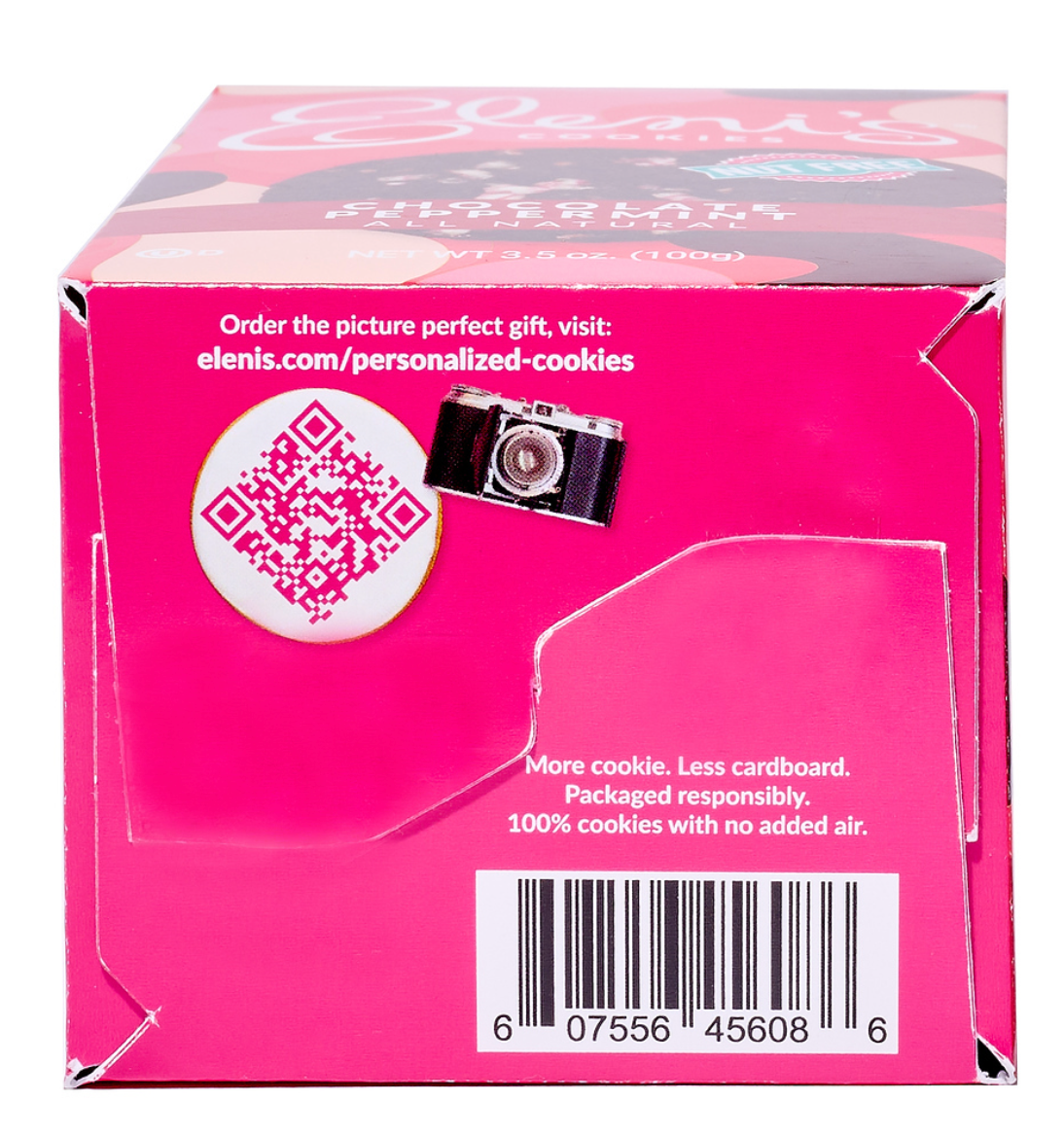 Pink packaging box with a QR code and camera icon on a white background