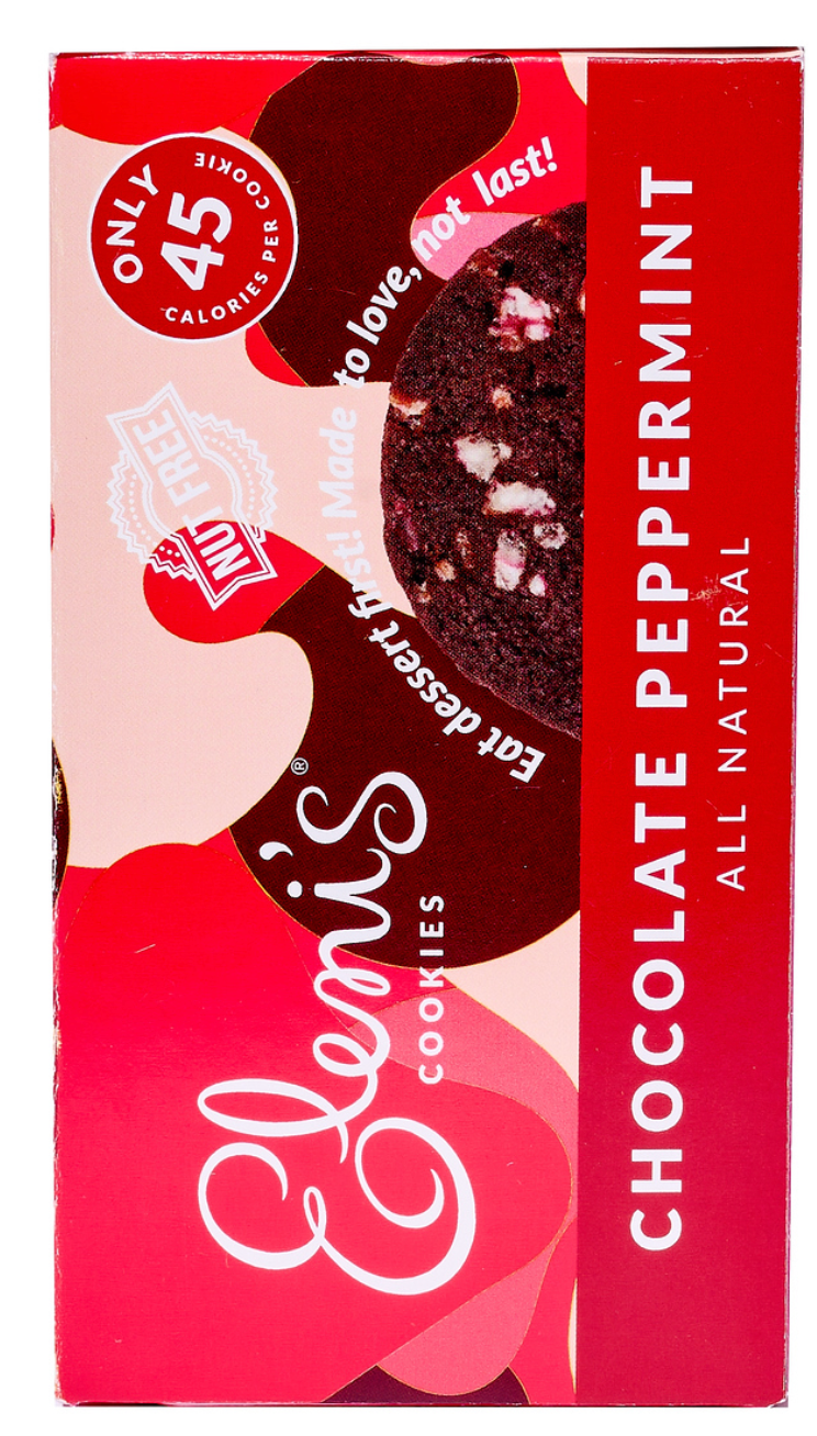 Box of Eleni's Chocolate Peppermint cookies with red and white design.