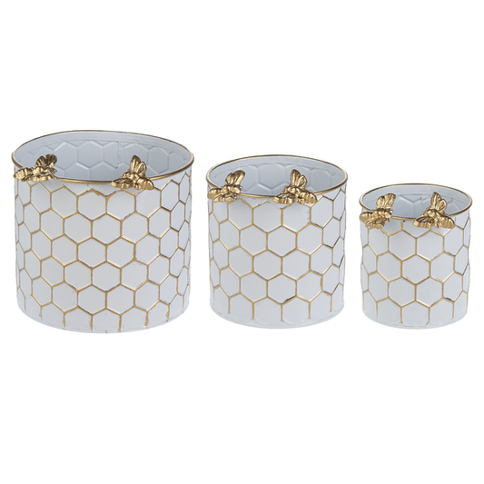 White & Gold Honeycomb with Bee Planter