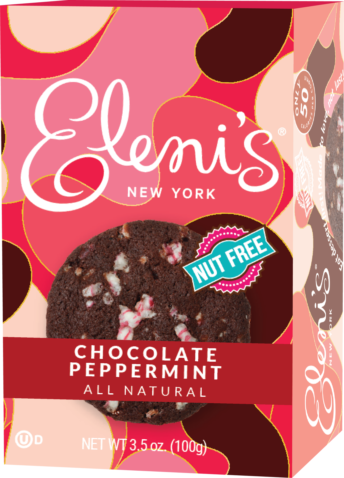 Eleni's New York chocolate peppermint cookies packaging with pink and red design.