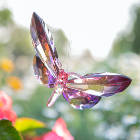 Crystal butterfly ornament with a blurred garden background
