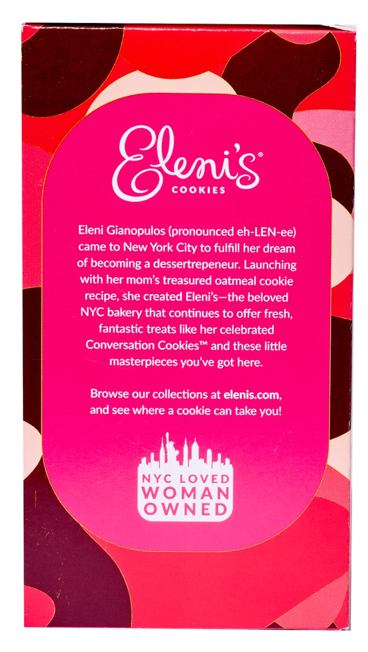 Eleni's Cookies packaging with pink label and red and brown design