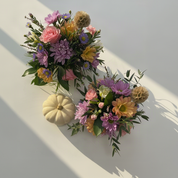 Two pumpkin fall floral arrangements with purple, pink, yellow, and green flowers on a white surface, styled with a small cream-colored pumpkin.