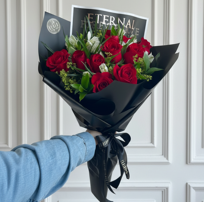 A hand wrapped bouquet of red roses and white lilies wrapped in black paper, with a card reading 'ETERNAL FOREVER LOVE' in the background by Flair Flower Bar in Florence, Ky