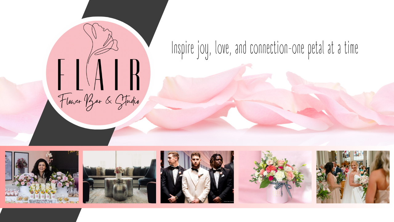Flair Flower Bar & Studio banner with floral design and event photos.