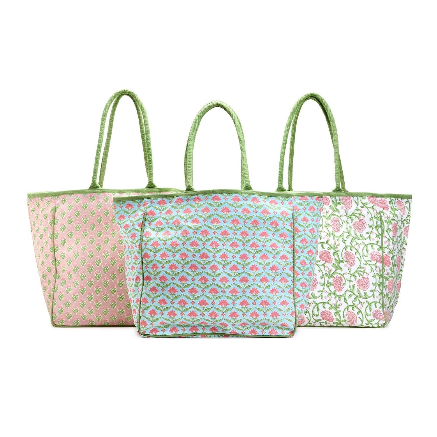 Floral Block Printed Tote Bag Assorted 3 Patterns - Cotton Canvas - Flair Flower Bar & Studio
