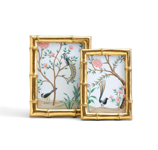 Set of 2 Gold Faux Bamboo Photo Frame with Flora and Fauna Art