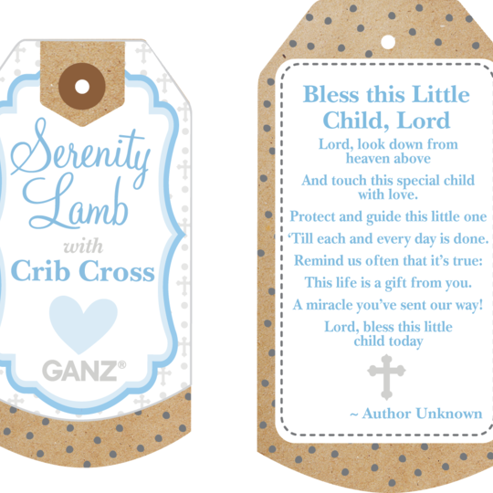 Two tags with text and branding, one featuring 'Serenity Lamb' and 'GANZ', the other with a prayer.