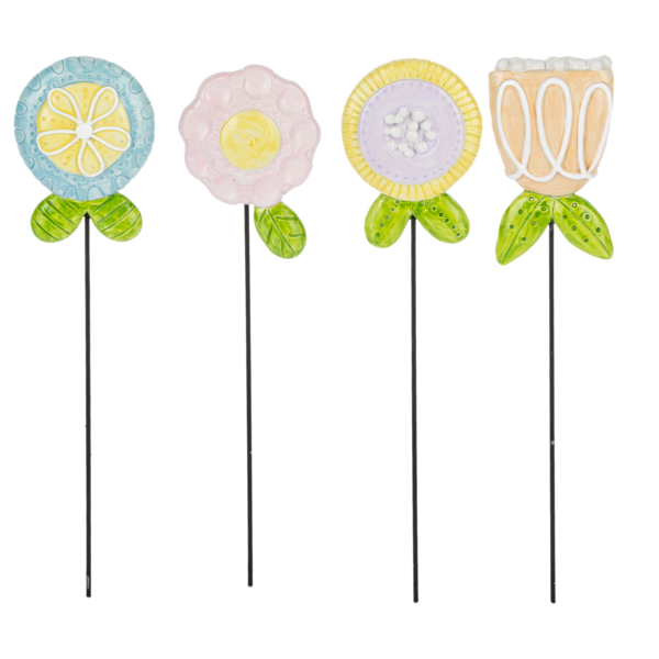 Four decorative garden sticks with colorful floral designs on a white background