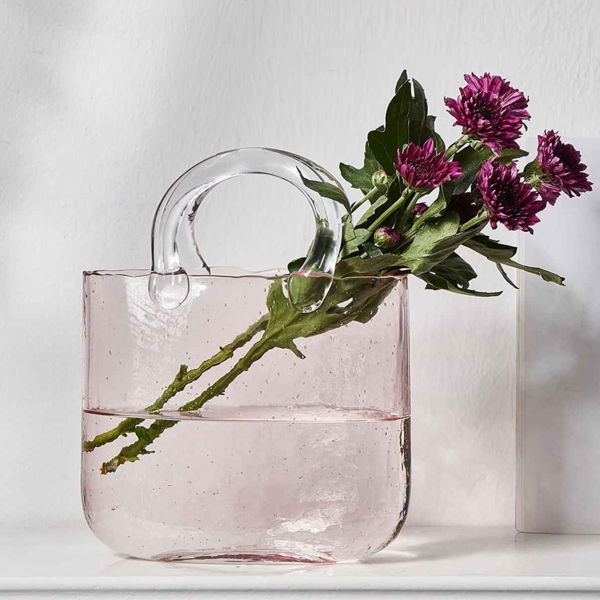 Glass Flower Purse Vase with Handles