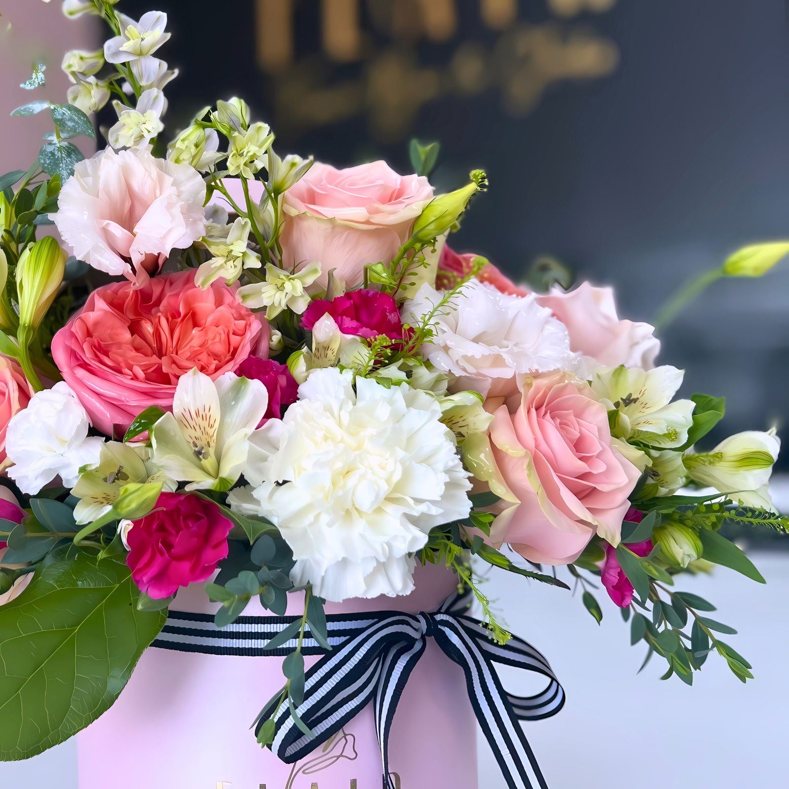 Close up Flair Flower Box Arrangement in Pink Box