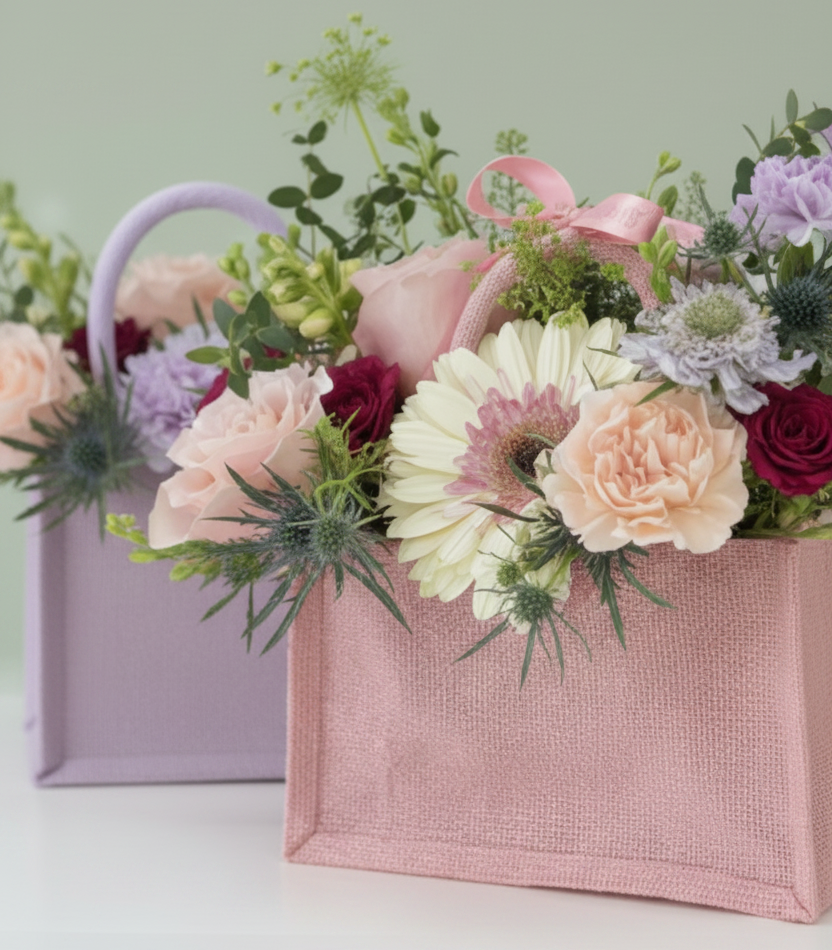 La Petite Tote Arrangement — our new mini bouquet, hand-arranged in the dreamiest jute totes.