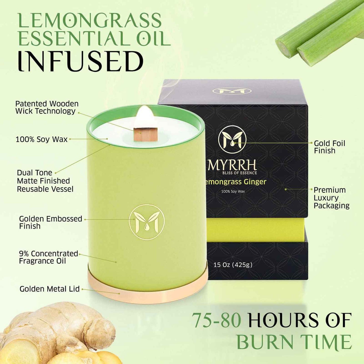 Lemongrass Ginger 100% Soy Wax Crackling Wood Wick Candle