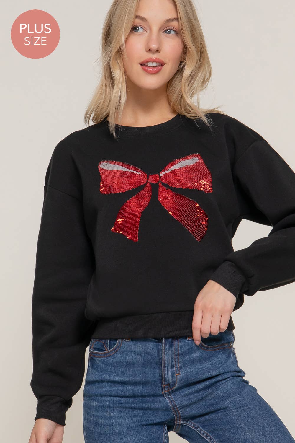 Long Sleeve Crew Neck Sequin Detail Inner Fleece Sweatshirt - Flair Flower Bar & Studio