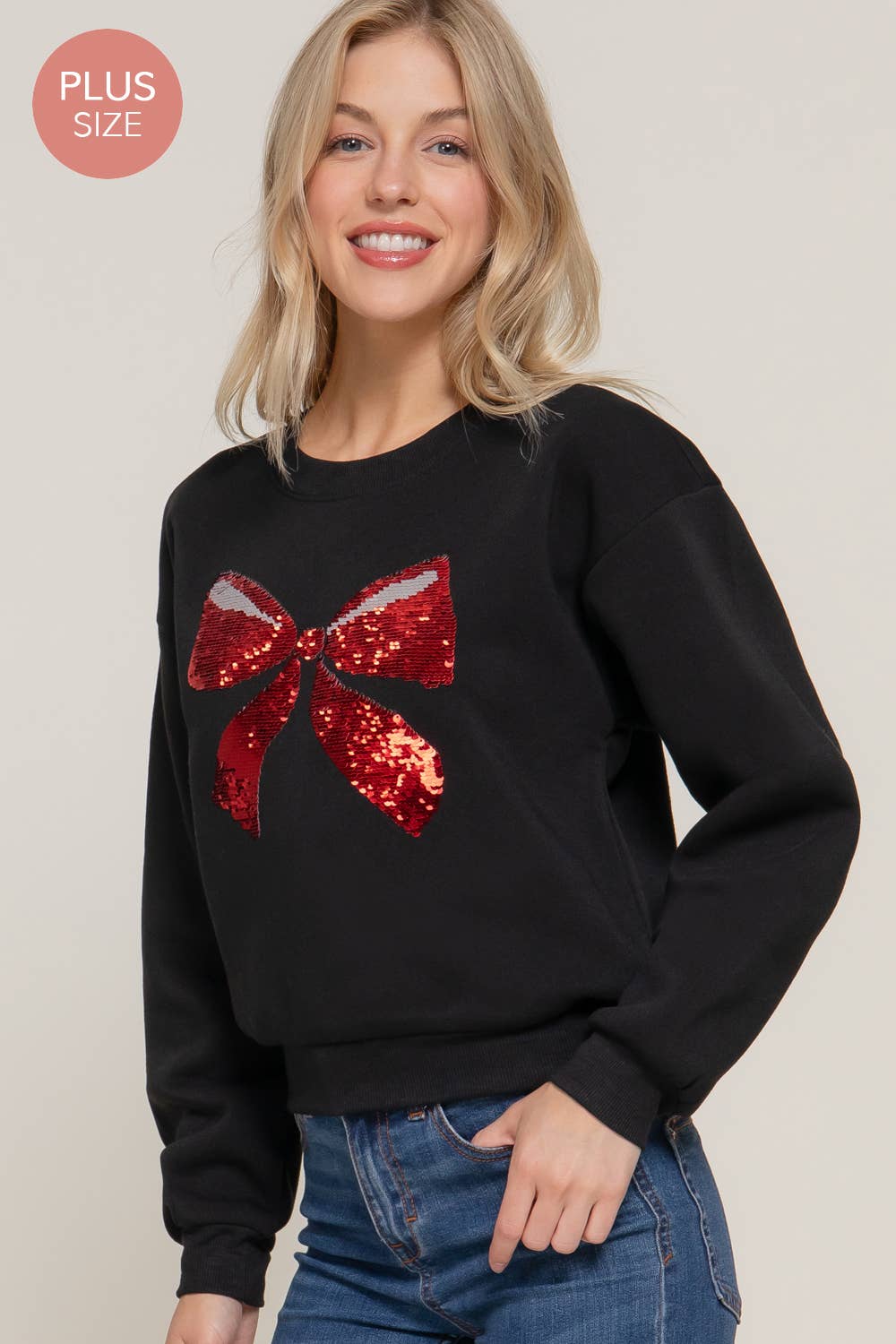 Long Sleeve Crew Neck Sequin Detail Inner Fleece Sweatshirt - Flair Flower Bar & Studio