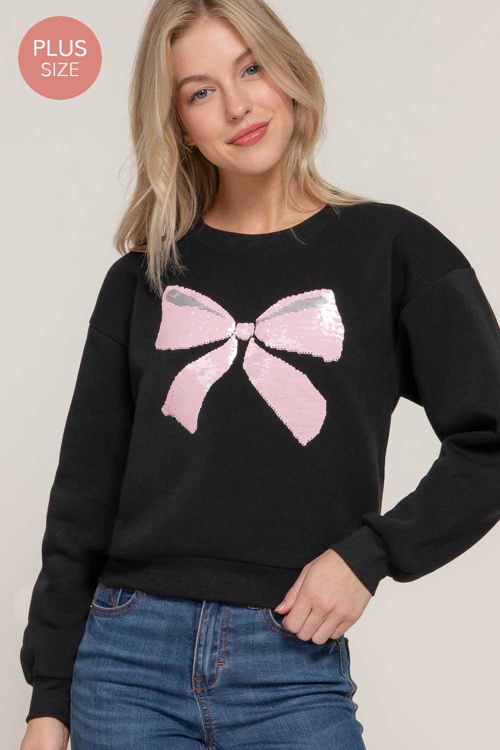 Long Sleeve Crew Neck Sequin Detail Inner Fleece Sweatshirt - Flair Flower Bar & Studio