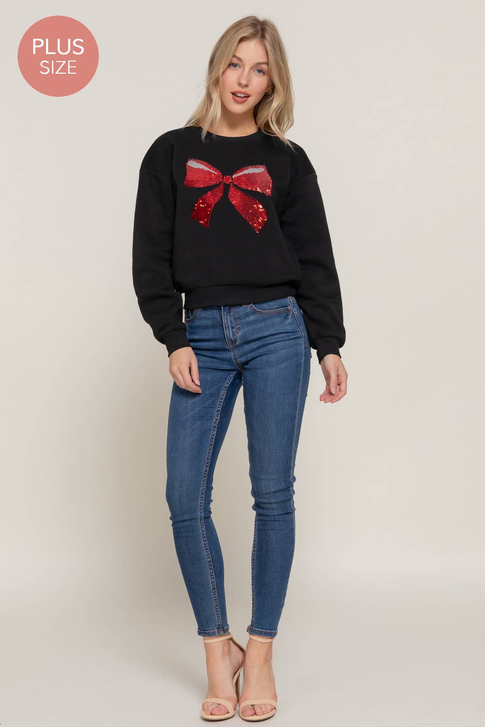 Long Sleeve Crew Neck Sequin Detail Inner Fleece Sweatshirt - Flair Flower Bar & Studio