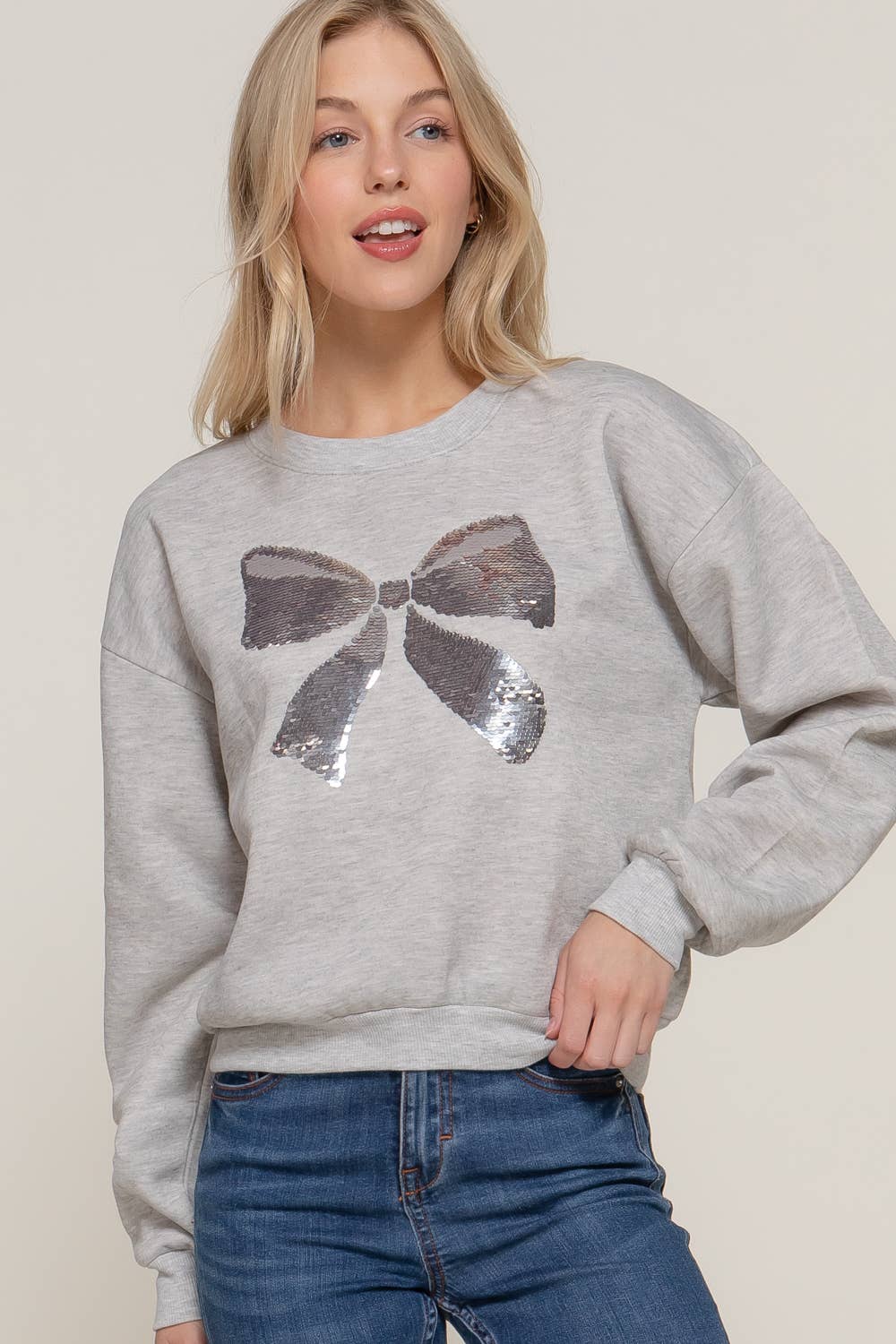 Long Sleeve Crew Neck Sequin Detail Inner Fleece Sweatshirt - Flair Flower Bar & Studio