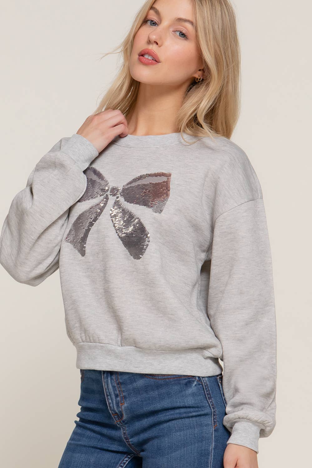 Long Sleeve Crew Neck Sequin Detail Inner Fleece Sweatshirt - Flair Flower Bar & Studio