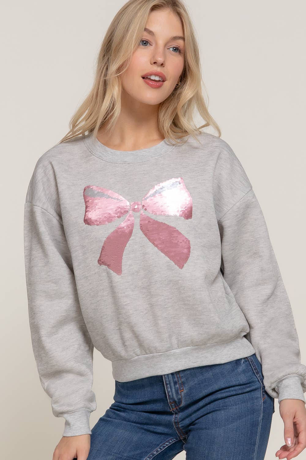 Long Sleeve Crew Neck Sequin Detail Inner Fleece Sweatshirt - Flair Flower Bar & Studio