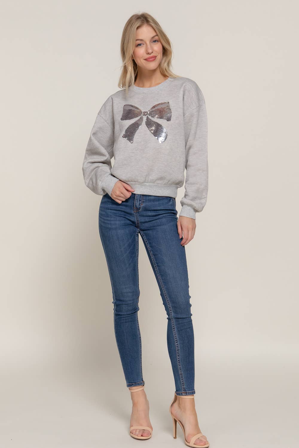 Long Sleeve Crew Neck Sequin Detail Inner Fleece Sweatshirt - Flair Flower Bar & Studio