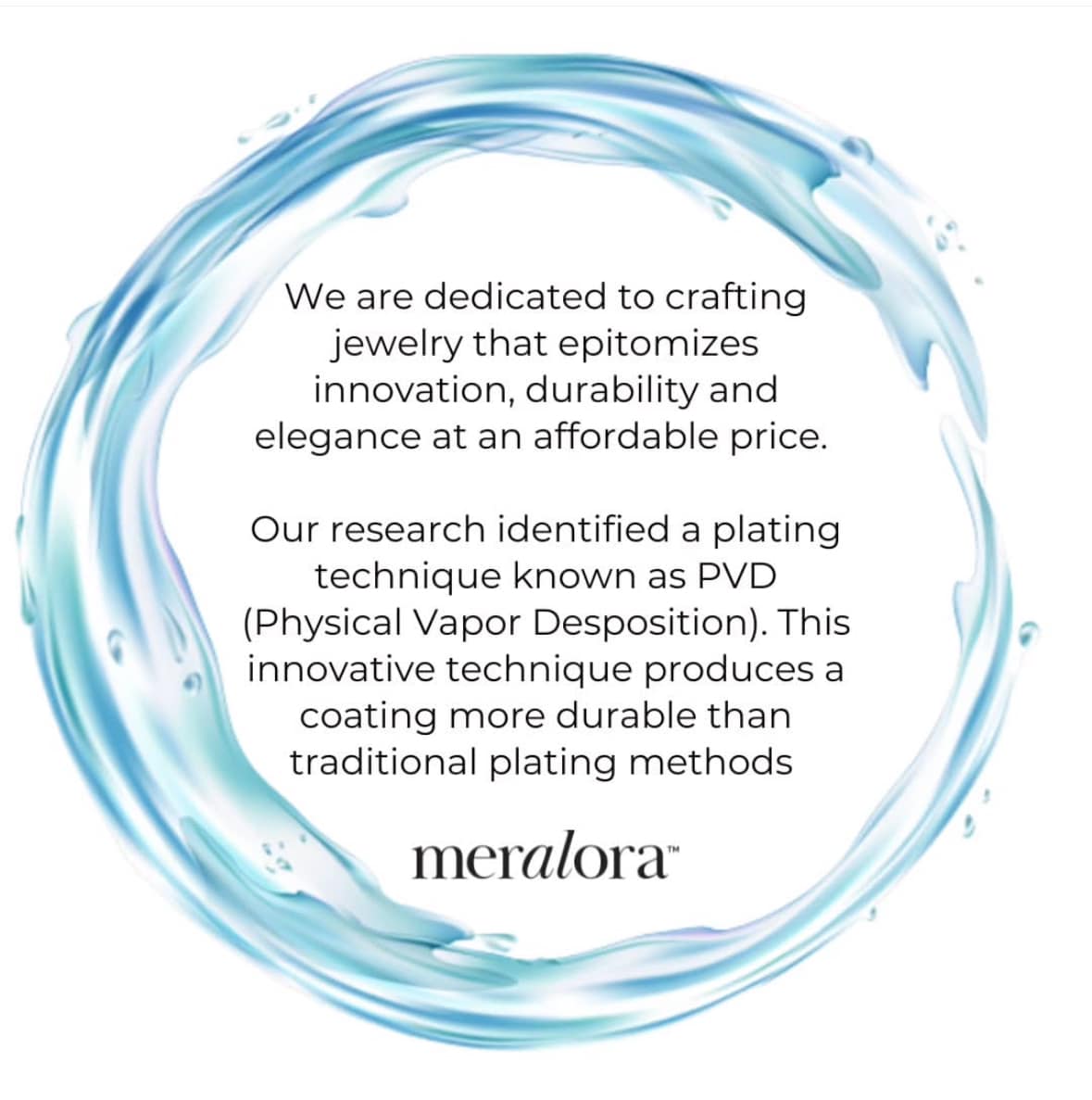 Meralora advertisement with blue circular design and text about jewelry innovation, durability, and affordability.
