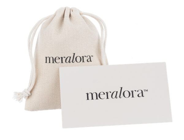 Meralora branded drawstring bag and card on a white background