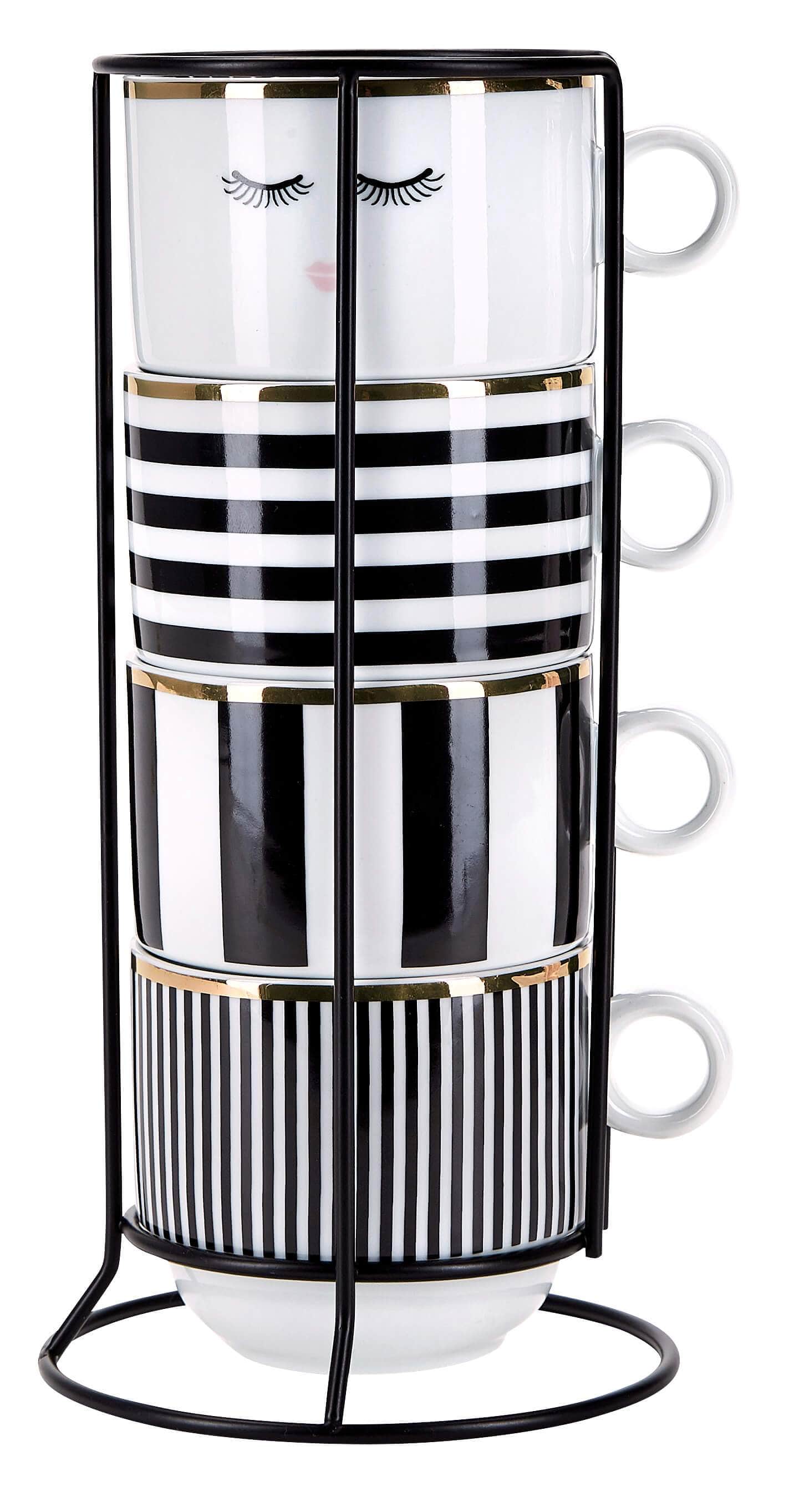 Miss Étoile - 4 Coffee Mugs Black & White Stripes with a Rack - Flair Flower Bar & Studio