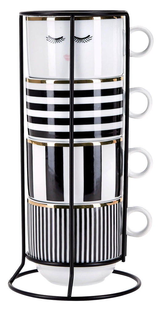 Miss Étoile - 4 Coffee Mugs Black & White Stripes with a Rack - Flair Flower Bar & Studio