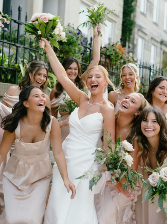 Modern French-inspired bridal bouquet with soft pink and white roses